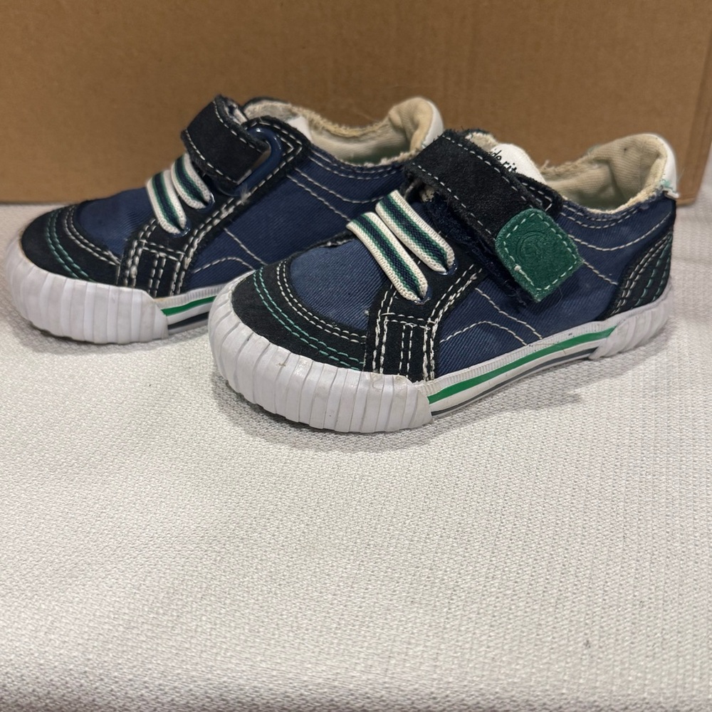Stride Rite Caleb Boy Canvas Blue Green White Hook & Loop Closure Shoes 4M